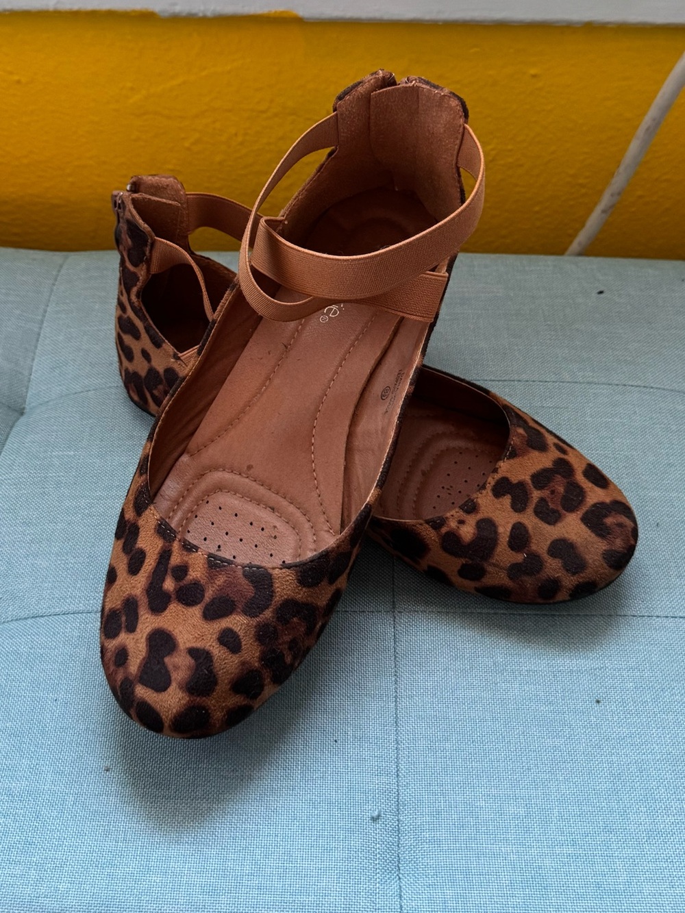 Bella Marie Leopard Print Ankle-Strap Flats - Brown/Tan